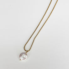 Load image into Gallery viewer, A delicate 14K gold filled Coin Pearl Pendant necklace featuring a single round, iridescent pearl, elegantly displayed on a plain white background.