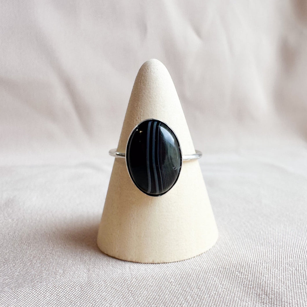 Black Lace Agate Sterling Silver Ring Size 8- Ready To Ship