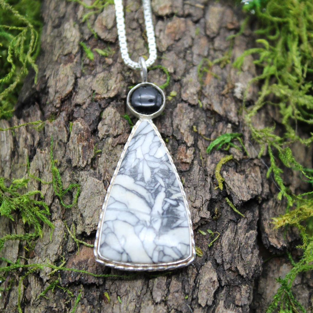 Pinolith and Black Onyx Sterling Silver Pendant Necklace