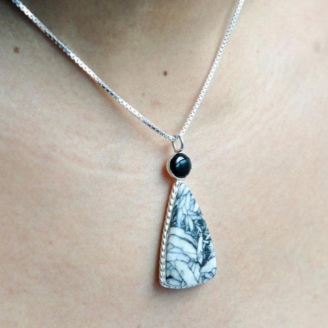 Pinolith and Black Onyx Sterling Silver Pendant Necklace