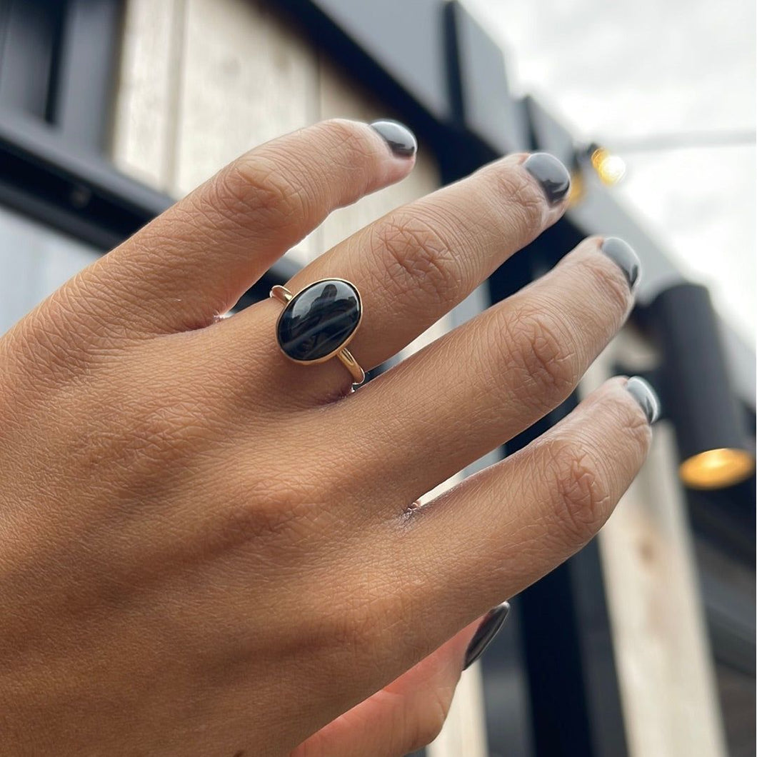 Mini Black Lace Agate Oval Ring - Made to Order